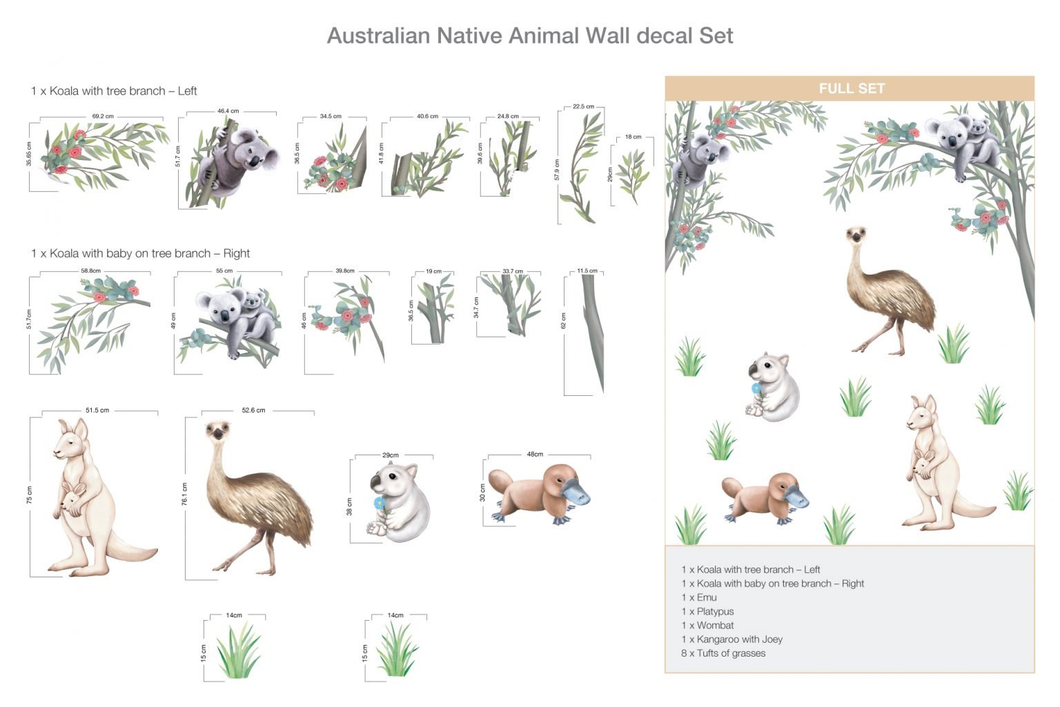 Australian Native Animal Wall decal Set Removable Wallpapers, Wall