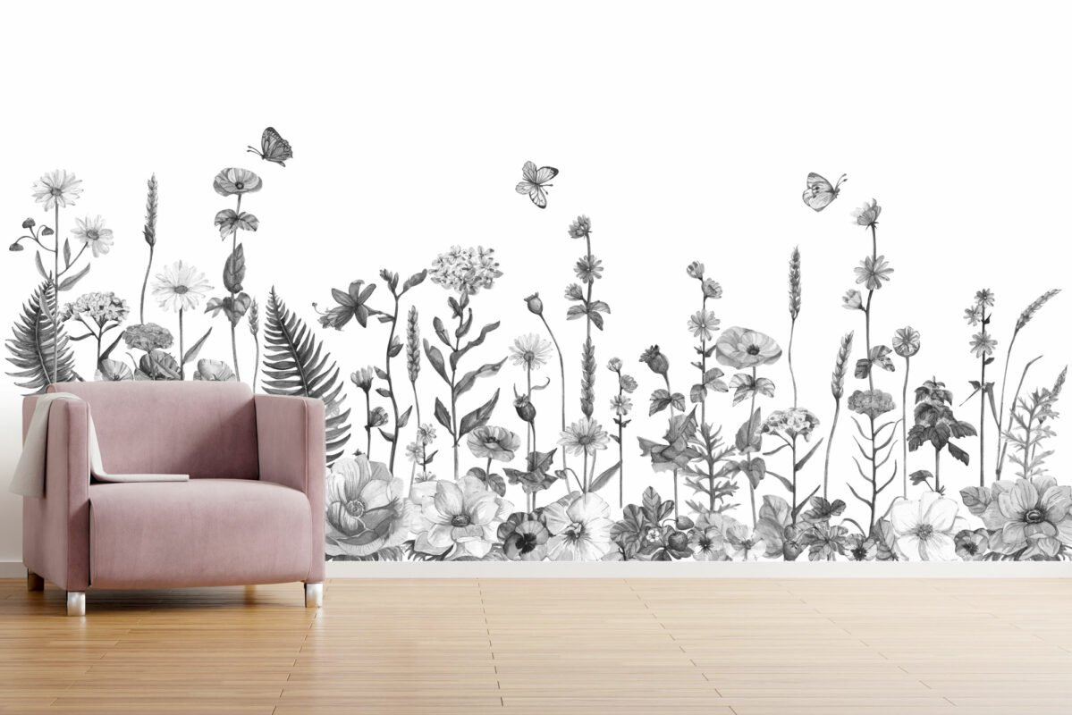 Wild Flowers GREY Wall Decal - Removable Wallpapers, Wall Stickers