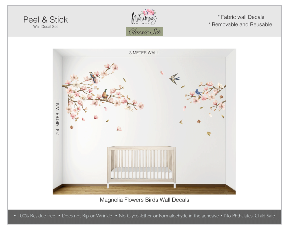 Magnolia Branch with flowers and Birds Wall Decals Removable