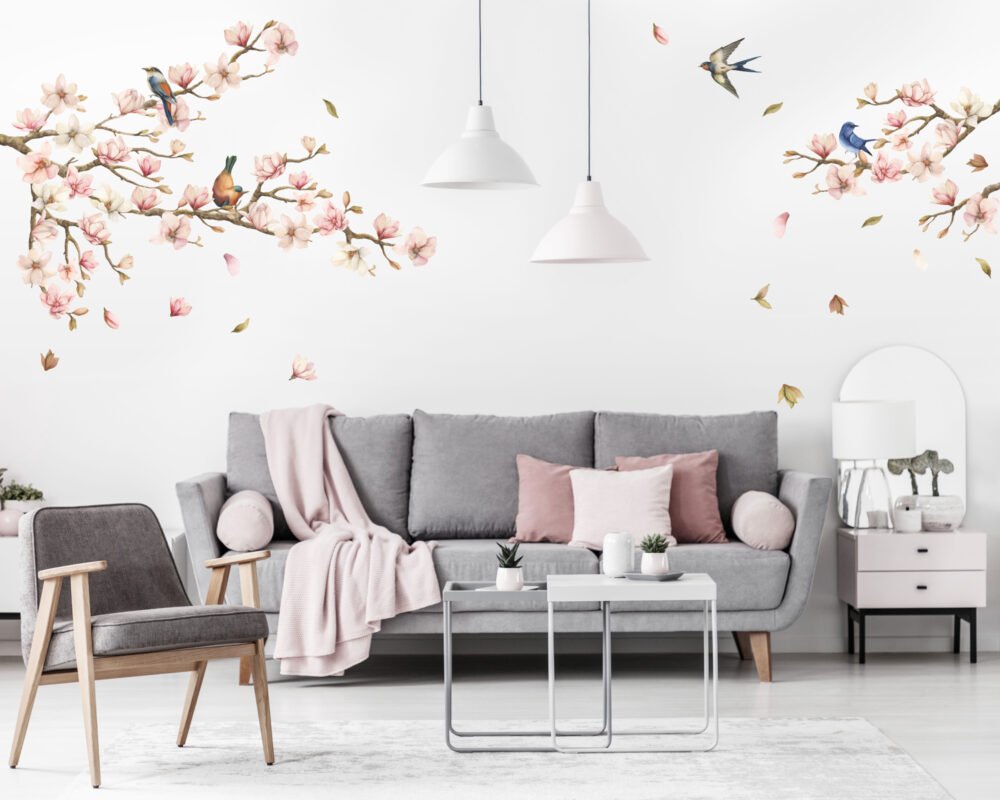 Magnolia Branch with flowers and Birds Wall Decals Removable